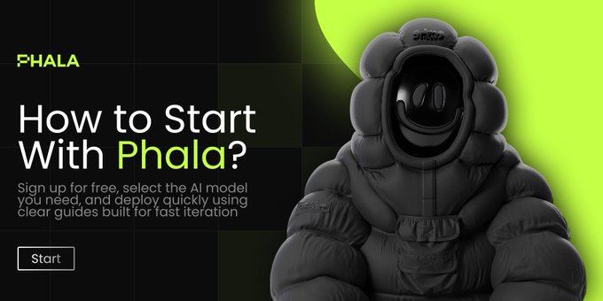The image features a person wearing a large, puffy jacket that appears to be made of fur or some other similar material. The person has a smiley face drawn on their face. Below this image, there is text that reads "How to Start with Phala? Sign up for free and select the AI model you want".