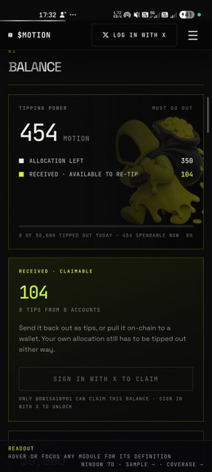 The image shows a SHOTION app screen displaying a user's balance with 454 MOTION tipping power, 350 allocation left, and 104 claimable tokens received from 8 tips across 8 accounts, supporting the user's post about $MOTION tipping power remaining static at 454 despite active tips.