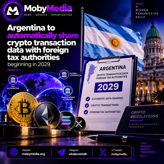 A MobyMedia infographic announcing that Argentina will automatically share crypto transaction data with foreign tax authorities beginning in 2029, featuring the Argentine flag, a government building, and cryptocurrency coins.