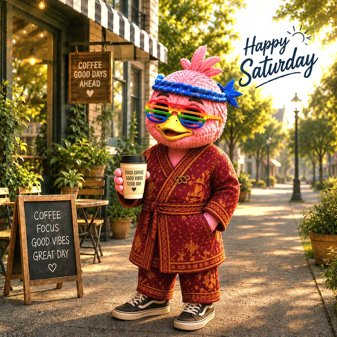 The image features a cartoon character dressed up as a bird standing outside of a coffee shop. The character has sunglasses, a hat, and an orange robe, giving off a hipster vibe. The character holds a cup of coffee in one hand and a sign with the words "Happy Saturday" written on it in the other hand.

The post that accompanies this image is titled "Gm gQuack Happy Saturday I've noticed that @wallchain rewards a different kind of effort, not just creating content, but staying engaged with the community sometimes a thoughtful reply or a useful comment adds more value than another post on the timeline". The post seems to be promoting a coffee shop and encouraging people to engage with the brand.