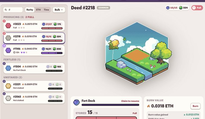 A screenshot of the Yield Fields game interface showing Deed #2218, a Common NFT pixel-art plot featuring a tree and a rocky terrain, with full Fert Deck storage of 15/15 and a burn value of 0.0318 ETH (Full). The image relates to the post by displaying the in-game asset details relevant to the upcoming deed minting schedule for YieldFields_RH.