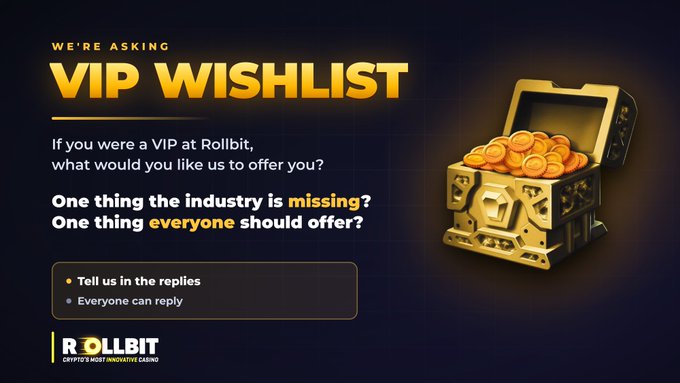 A promotional graphic for Rollbit asking for a 'VIP WISHLIST' from users, featuring a 3D illustration of an open treasure chest filled with gold coins.
