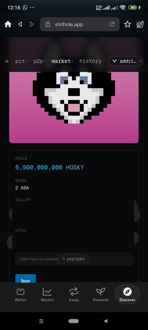 The image shows a cellphone screen displaying an app called "@Shithole_App" that is related to a trading of the cryptocurrency "HOSKY". There are two options presented - selling for 6,900,000,000 or buying for 2,800,000. Both these amounts are in US dollars (USD). The image also shows the market price of HOSKY as well as some additional information about the app and its transactions.