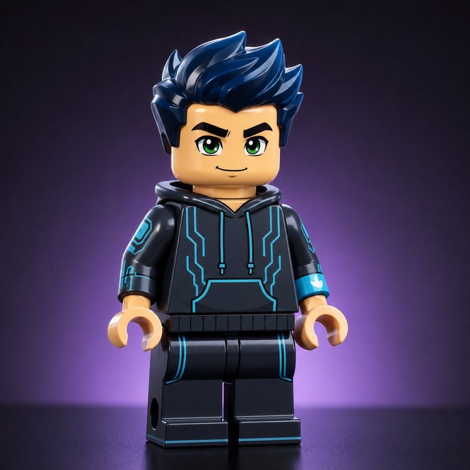 A 3D-rendered LEGO-style minifigure of a character with spiky dark blue hair wearing a black hoodie outfit with cyan circuit-like patterns, standing against a purple gradient background.