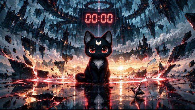 A fantasy digital artwork featuring a cute black cat with large eyes and a crescent moon marking on its forehead, sitting in a ruined landscape beneath a digital countdown clock displaying "00:00".