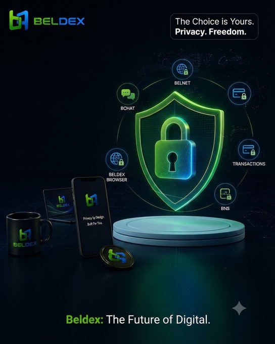 A promotional graphic for 'Beldex' featuring a glowing green padlock shield, a phone displaying its browser, and the tagline 'The Choice is Yours. Privacy. Freedom. Beldex: The Future of Digital.'