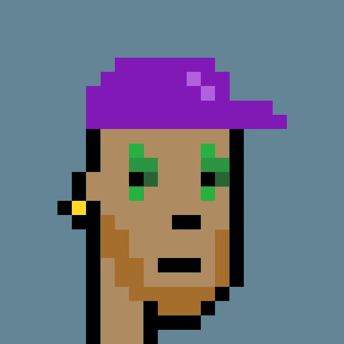 A pixel art portrait of a CryptoPunk character with bright green eyes, purple hair, and a yellow earring, set against a blue background, corresponding to Punk #8614 that was purchased for 36.48 ETH.