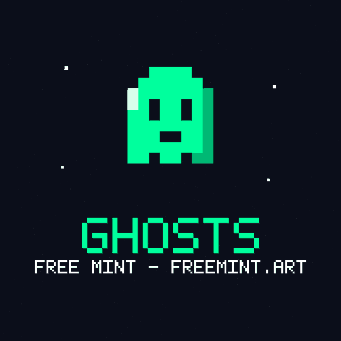 A pixel-art green ghost character on a dark background with the text 'GHOSTS' and 'FREE MINT - FREEMINT.ART' displayed below.