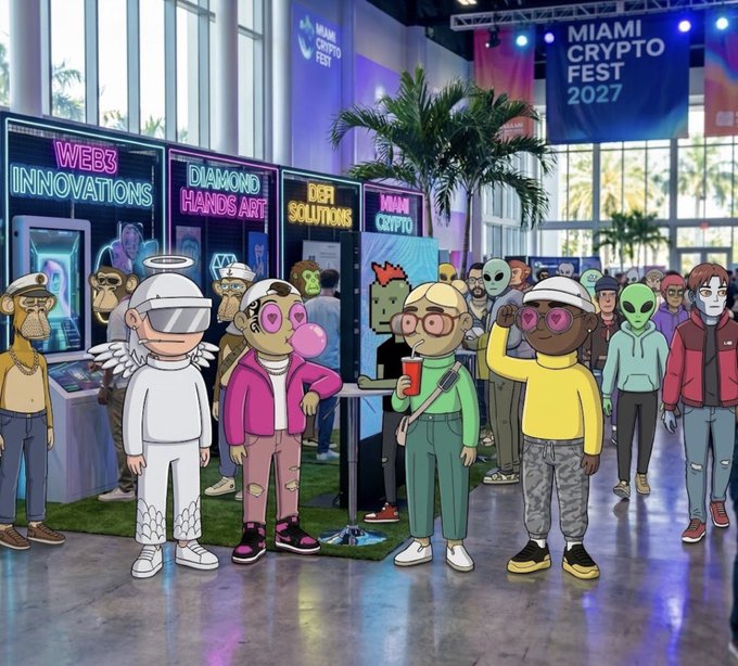An illustration of the 'Miami Crypto Fest 2027' showing cartoon characters wearing VR headsets and various outfits walking through an expo hall with booths labeled 'WEB3 INNOVATIONS', 'DIAMOND HANDS ART', 'DEFI SOLUTIONS', and 'MIAMI CRYPTO'.