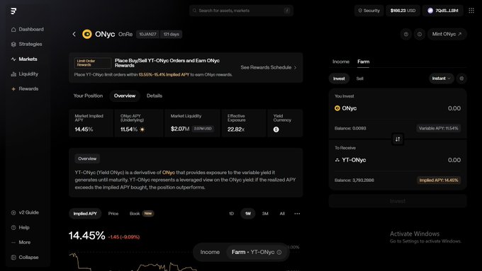 A dark-themed cryptocurrency interface for the OnRe platform displays an overview of the 'ONyc' asset, showing an Implied APY of 14.45% and Market Liquidity of $2.07M.