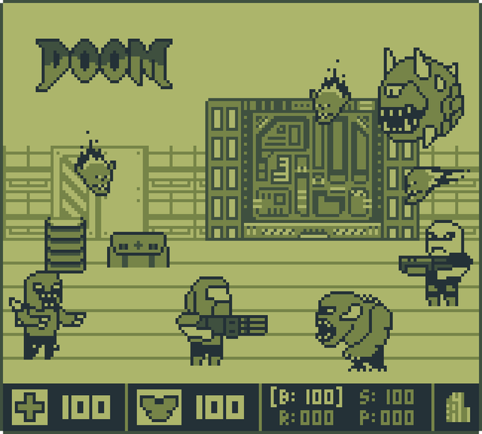A pixel art image styled like the classic video game DOOM, featuring a green-toned scene with the "DOOM" logo, monsters, a player character holding a gun, and a HUD displaying "100" health, "100" armor, ammo counts, and stats like "B: 100", "A: 000", "S: 100", "P: 000" at the bottom.

The image humorously represents the "$DOOM" token reaching an all-time high ($DOOM ATH), using the iconic retro game aesthetic to play on its name and tie in with the "DOOMGUY" reference in the post.