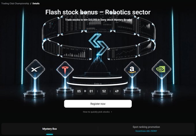 A promotional webpage for a 'Trading Club Championship' featuring a 'Flash stock bonus – Robotics sector' with logos for X (Twitter), Tesla (T), Amazon (a), and NVIDIA, offering a $40,000 Sony Mystery Box prize and a countdown timer.