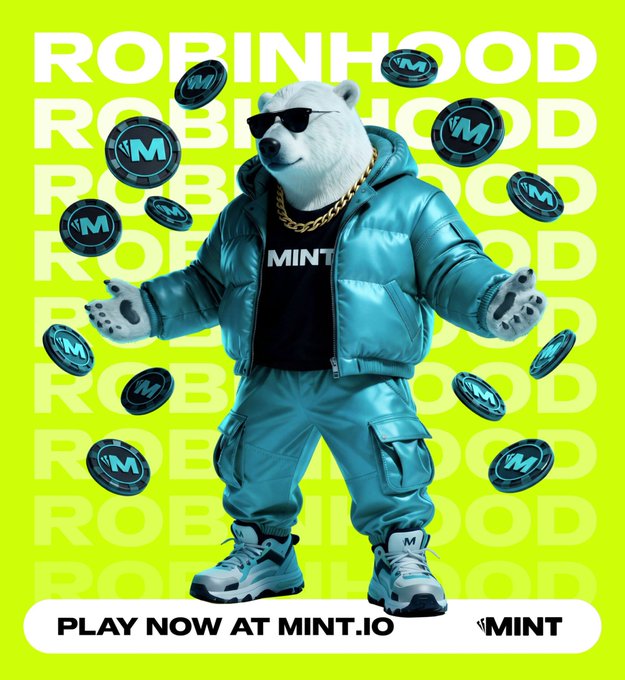A digital advertisement featuring a 3D-rendered polar bear character wearing sunglasses, a teal puffer jacket, and a "MINT" t-shirt, surrounded by floating MINT coins on a lime green background with repeating "ROBINHOOD" text and "PLAY NOW AT MINT.IO" at the bottom.