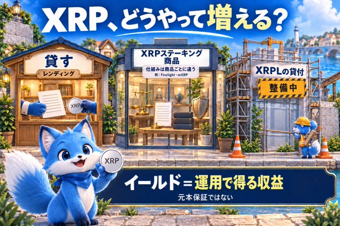 The image is a vibrant Japanese promotional illustration featuring a cute blue fox mascot holding an "XRP" coin, with the headline "XRP、どうやって増える？" (How does XRP increase?), showcasing three storefronts representing ways to earn XRP returns: lending ("貸す/レンディング"), staking products ("XRPステーキング商品"), and XRPL lending ("XRPLの貸付") under construction, with the tagline "イールド＝運用で得る収益" (Yield = returns earned through management).