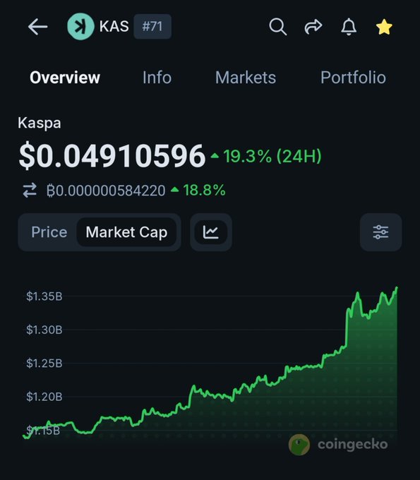 A CoinGecko screenshot displays the Kaspa (KAS #71) cryptocurrency page, showing a price of $0.04910596 (up 19.3% in 24H) and a market cap chart with an upward green trend.