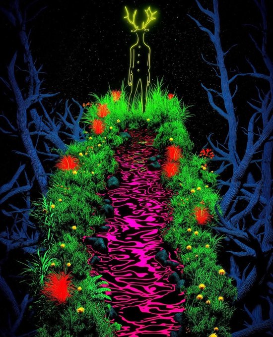 A neon-glowing deer figure stands atop a grassy hill at night, with a vibrant pink stream flowing down the center, flanked by red and yellow flowers and bare blue trees.