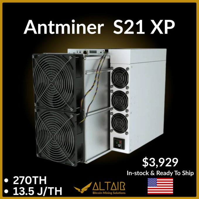 An advertisement for the Antminer S21 XP Bitcoin mining rig by Altair, priced at $3,929, with specs of 270TH/s and 13.5 J/TH, ready to ship in the USA.