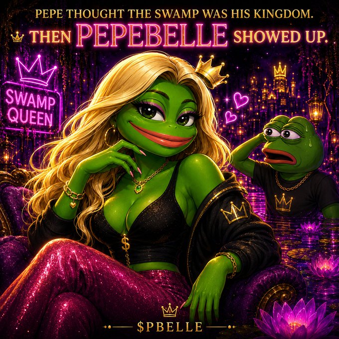 A Pepe-themed meme image titled 'PEPE THOUGHT THE SWAMP WAS HIS KINGDOM. THEN PEPEBELLE SHOWED UP.' featuring a crowned green frog queen labeled '$PBELLE' and 'SWAMP QUEEN' next to a shocked Pepe.