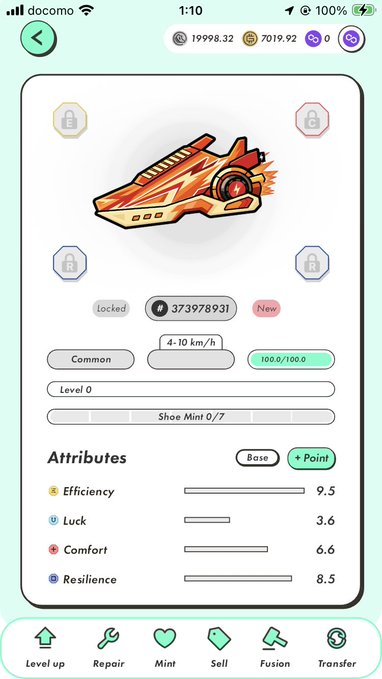 A mobile game screenshot showing a shoe NFT item with stats including Efficiency 9.5, Luck 3.6, Comfort 6.6, and Resilience 8.5, with menus for Level up, Repair, Mint, Sell, Fusion, and Transfer.