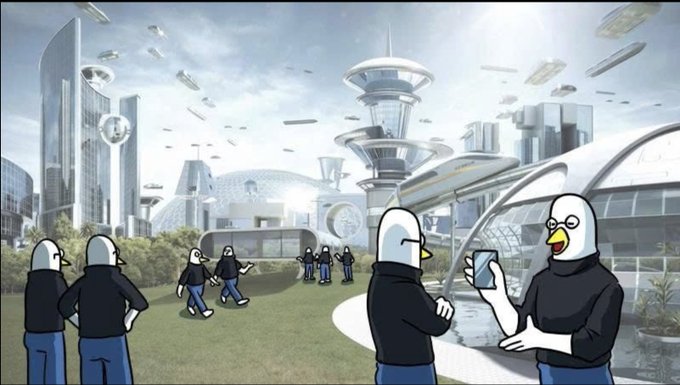 The image features a cartoon scene of people dressed in futuristic clothing, with some wearing masks or costumes that resemble birds. The group appears to be gathered around an iPhone, possibly taking photos or sharing content. There are at least ten individuals visible in the scene, each engaged in their own activities. The setting is outdoors and seems to be located near a cityscape, which adds to the futuristic atmosphere of the image.