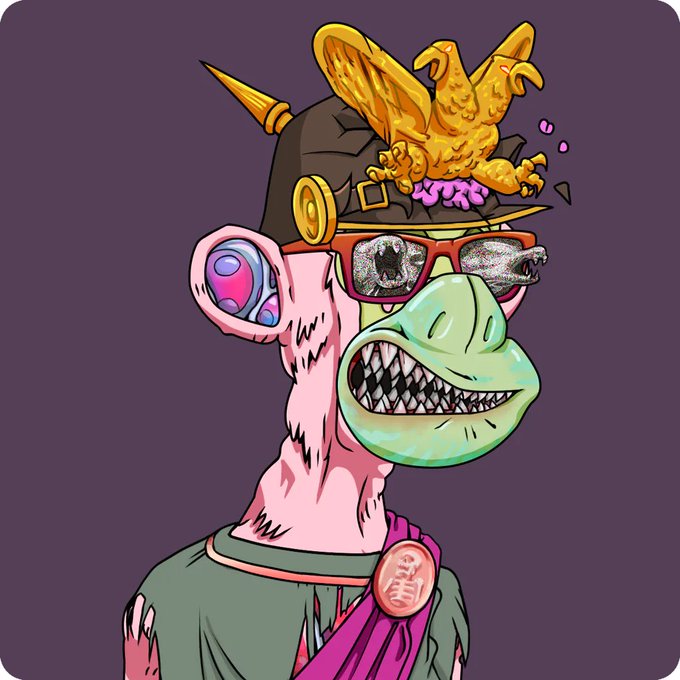 A surreal cartoon illustration of a pink monkey-like character with a green snout, wearing sunglasses that reflect screaming faces, and a black hat with a golden eagle emblem.