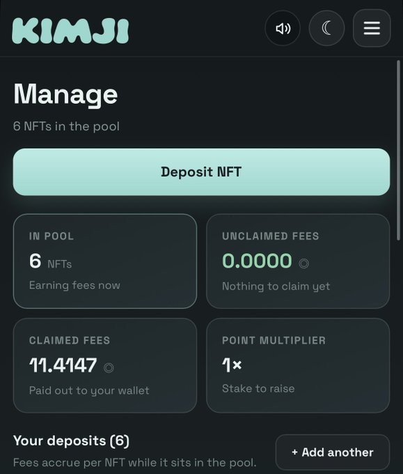 The image shows the Kimji NFT platform's "Manage" dashboard displaying a pool with 6 NFTs, 11.4147 SOL in claimed fees ("Paid out to your wallet"), and 0.0000 SOL in unclaimed fees, directly supporting the poster's claim of earning 11.4 SOL in fees after 16 hours. The dashboard confirms successful staking with a 1× point multiplier and shows all 6 deposited NFTs still actively in the pool.