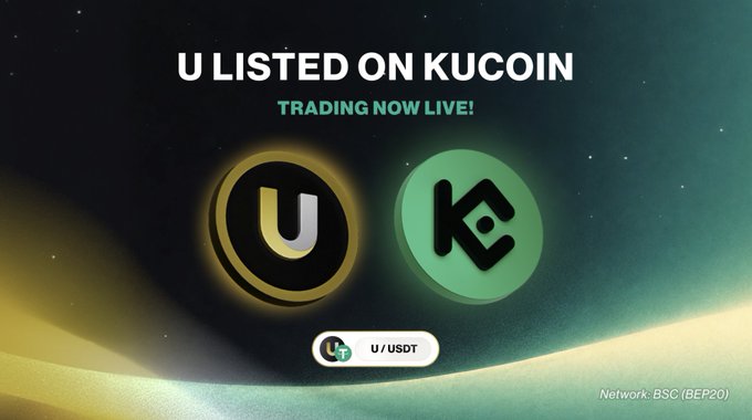 The image features a poster for a cryptocurrency called KuCoin, with two coins displayed against a dark blue background. The text on the poster announces that U listed on KuCoin has reached a milestone of $U coming to KuCoin.com at 10:00 on June 16, 2026 (UTC), and that there are already deposits available for trading. The image also includes a logo for the KuCoin trading platform, which is represented by two coins - one green and one black.