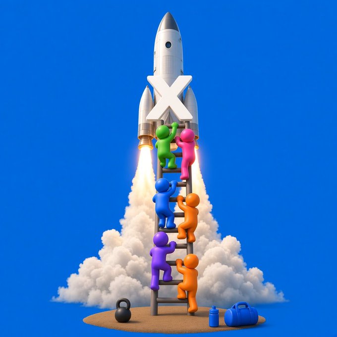 A 3D illustration shows colorful humanoid figures climbing a ladder toward a rocket ship marked with a white 'X' launching into a blue sky, with gym equipment (kettlebell, water bottle, duffel bag) at the base.