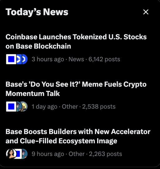 A 'Today's News' feed showing headlines: 'Coinbase Launches Tokenized U.S. Stocks on Base Blockchain,' 'Base's Do You See It? Meme Fuels Crypto Momentum Talk,' and 'Base Boosts Builders with New Accelerator and Clue-Filled Ecosystem Image.'