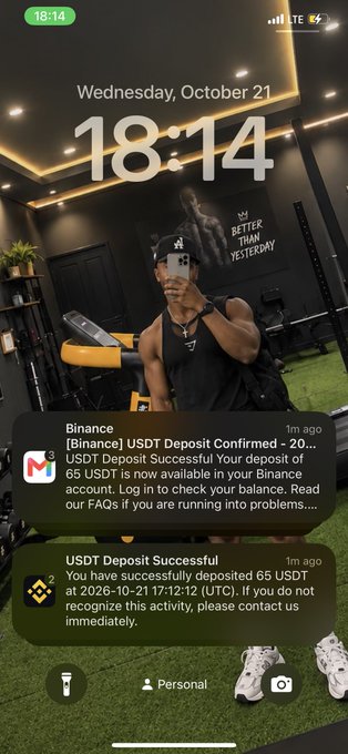 A phone lock screen shows a gym selfie with the time “18:14,” date “Wednesday, October 21,” and notifications stating “USDT Deposit Successful”; a gym poster in the background includes “BETTER THAN YESTERDAY.”