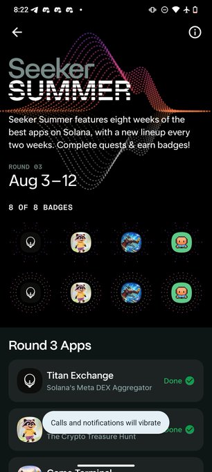 A Seeker Summer mobile app screen featuring Round 03 from Aug 3-12, showing 8 of 8 badges completed with apps like Titan Exchange (Solana's Meta DEX Aggregator) and The Crypto Treasure Hunt.