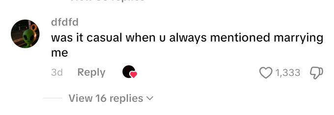 A TikTok comment from user "dfdfd" reading "was it casual when u always mentioned marrying me" with 1,333 likes, and a reply asking "Damn is this Mina's account" questioning the authenticity of the profile.