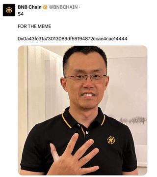 The image features a man wearing glasses, posing for a picture with his hand raised in front of him. The caption below the photo reads "For the meme", which suggests that this image might be related to a social media post or meme. The post also mentions an event that took place at BNP Chain and the hashtag used is #BNBChain4CZ. This could indicate that the man's hand gesture, along with the caption, is part of a larger online campaign or promotion for a specific cause or event related to BNP Chain.