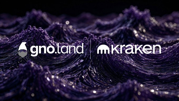 A promotional graphic for a partnership between gno.land and Kraken is overlaid on a background of stylized purple waves.