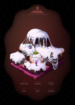 A 3D rendered illustration of a melting, white frosted cake topped with various gems and nuts on a pink base, set against a dark background with text indicating flavors like 'SUPER JUICE', 'SUPERSEED', and 'PATELLA'.
