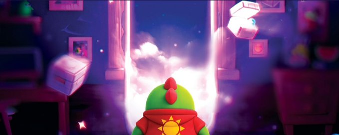 The image features a cartoon character wearing a red shirt with a yellow sun on their head. The character appears to be standing in front of an open door or window, possibly entering a room filled with boxes. The background shows a purple sky with clouds, giving the scene a whimsical and imaginative feel. The post about apps suggests that the character might have some sort of AI-powered assistant or personal assistant who learns from their daily usage patterns to provide more personalized guidance over time.