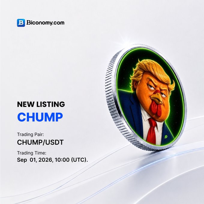 A promotional graphic from Biconomy.com announcing a new listing for 'CHUMP' against USDT, featuring a coin with an illustration of Donald Trump, with trading starting Sep 01, 2026, 10:00 (UTC).