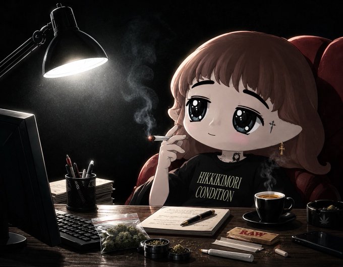 An anime-style illustration of a girl with brown hair smoking a cigarette at a desk with a lamp, keyboard, and papers; she wears a shirt reading 'HIKKIRIMORI CONDITION'.