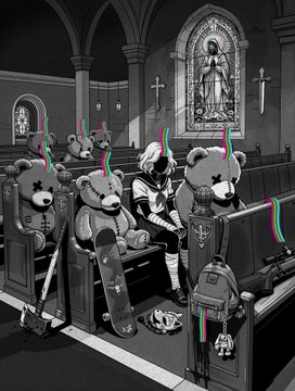 The image features a black and white illustration of a church interior with a group of teddy bears sitting on pews, surrounded by various objects such as backpacks, skateboards, and bats. The scene includes a person seated among these teddy bears, suggesting that they are part of the same gathering or event. The post also contains text about an auction happening in real life, which adds context to the image's content.