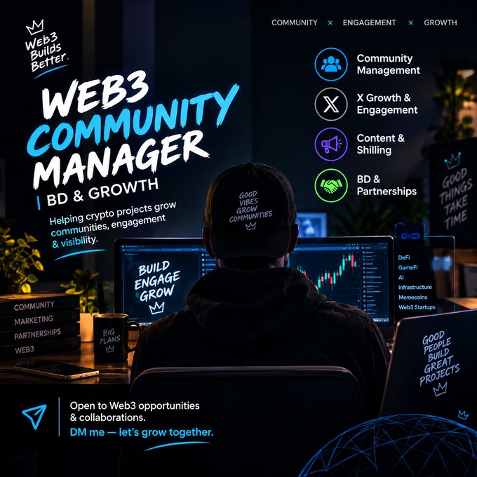 A promotional graphic for a 'Web3 Community Manager' service displays offerings including Community Management, X Growth & Engagement, Content & Shilling, and BD & Partnerships, with the tagline 'Web3 Builds Better'.