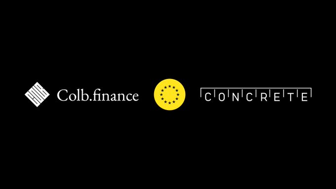 A black background displaying two logos: 'Colb.finance' on the left with a white geometric icon, and a yellow circle with stars next to the word 'CONCRETE' in a stylized boxy font on the right.