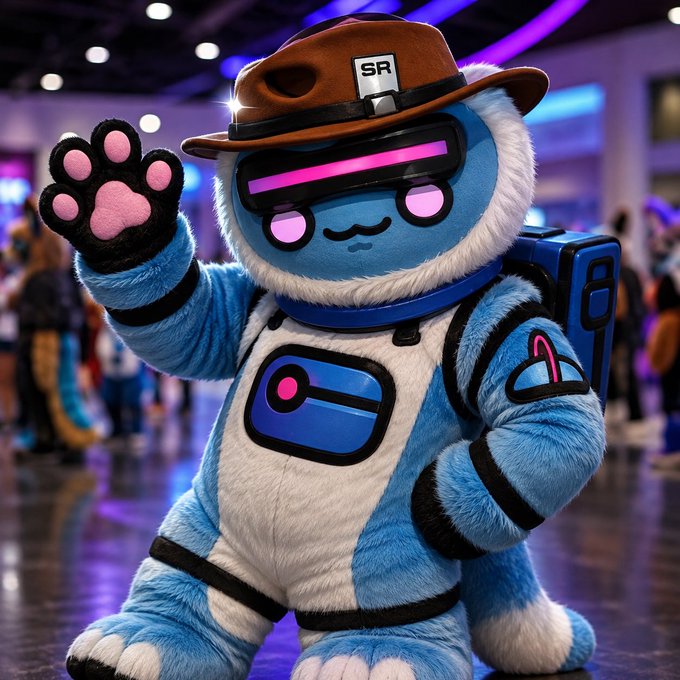 A fluffy blue and white mascot wearing a brown fedora labeled "SR" and futuristic pink-goggle visor waves its paw-padded hand at a convention, blending cute plush aesthetics with sci-fi tech details. The "Cats out the bag" caption suggests a playful reveal or unveiling, fitting the mascot's furry, cat-like appearance breaking cover in a public expo setting.