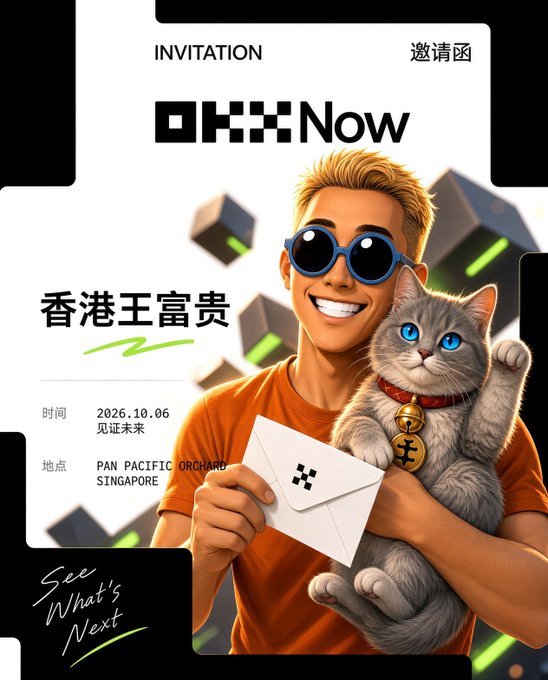 The image is an OKX invitation card featuring a smiling blonde man in sunglasses holding a cat with a Bitcoin collar and an envelope, with text reading "OKX Now," "INVITATION 邀請函," "香港王富贵," and event details: "2026.10.06 见证未来" at "PAN PACIFIC ORCHARD SINGAPORE." The accompanying post highlights the four-word phrase "Witness the Future," which appears on the invitation as "见证未来," along with the October 6th Singapore date, fueling speculation about what major product OKX is set to launch.