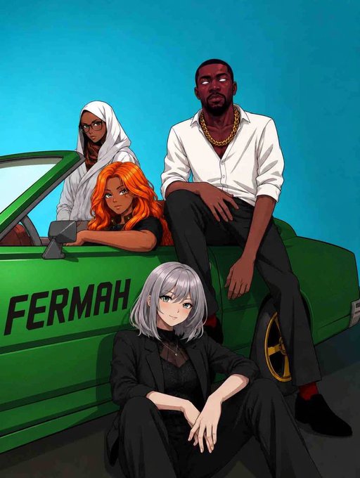 Four characters pose against a green car labeled "FERMAH," with one figure sitting on the hood and another seated on the ground in front. The bold "FERMAH" branding on the vehicle visually anchors the company's identity to the message about decentralized blockchain proof systems, reinforcing that the discussion centers on Fermah's role in addressing centralization risks.