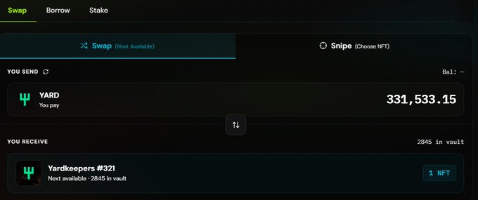 A screenshot of a cryptocurrency swap interface showing a user swapping 331,533.15 "YARD" tokens for "1 NFT" of "Yardkeepers #321".