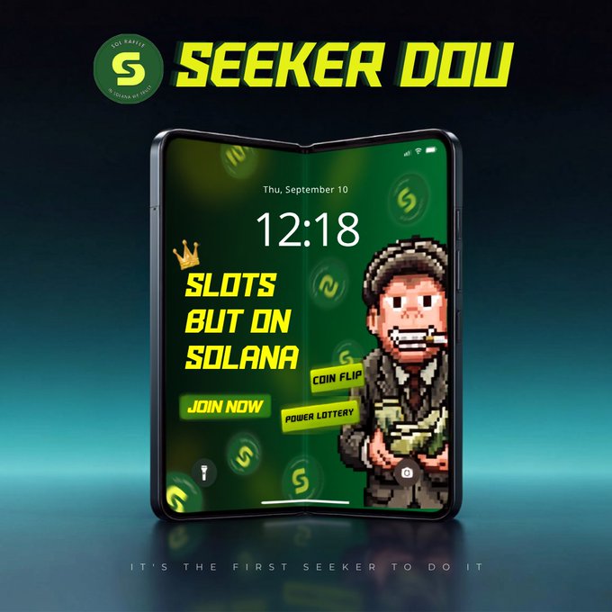 A promotional advertisement for "SEEKER DOU" featuring a foldable smartphone displaying "SLOTS BUT ON SOLANA" with a pixel art character holding money, a crown icon, and buttons for "JOIN NOW," "COIN FLIP," and "POWER LOTTERY," with tagline "IT'S THE FIRST SEEKER TO DO IT."