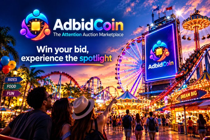 A promotional graphic for 'AdbidCoin - The Attention Auction Marketplace' featuring a vibrant amusement park background with the tagline 'Win your bid, experience the spotlight.'