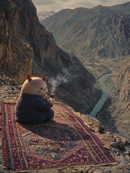 A whimsical digital illustration of a small, round, cat-eared figure wearing a dark coat, sitting on an ornate rug atop a cliff edge while smoking a pipe, overlooking a vast mountain canyon with a winding river below.