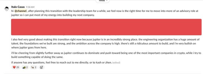 A screenshot of a Discord message from Italo Casas (9:58 AM) in the #channel announcing his transition to an advisory role at Jupiter so he can focus on building his next company, while expressing confidence in Jupiter's strong engineering team, talent, and ambitious future in crypto. The post complements this announcement by sharing that he'll be taking time off before returning to founder life.