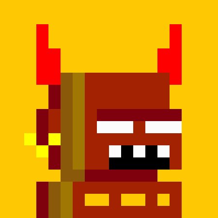 A pixel art illustration of a red devil or demon character with horns, a staff, and a toothy grin against a yellow background.